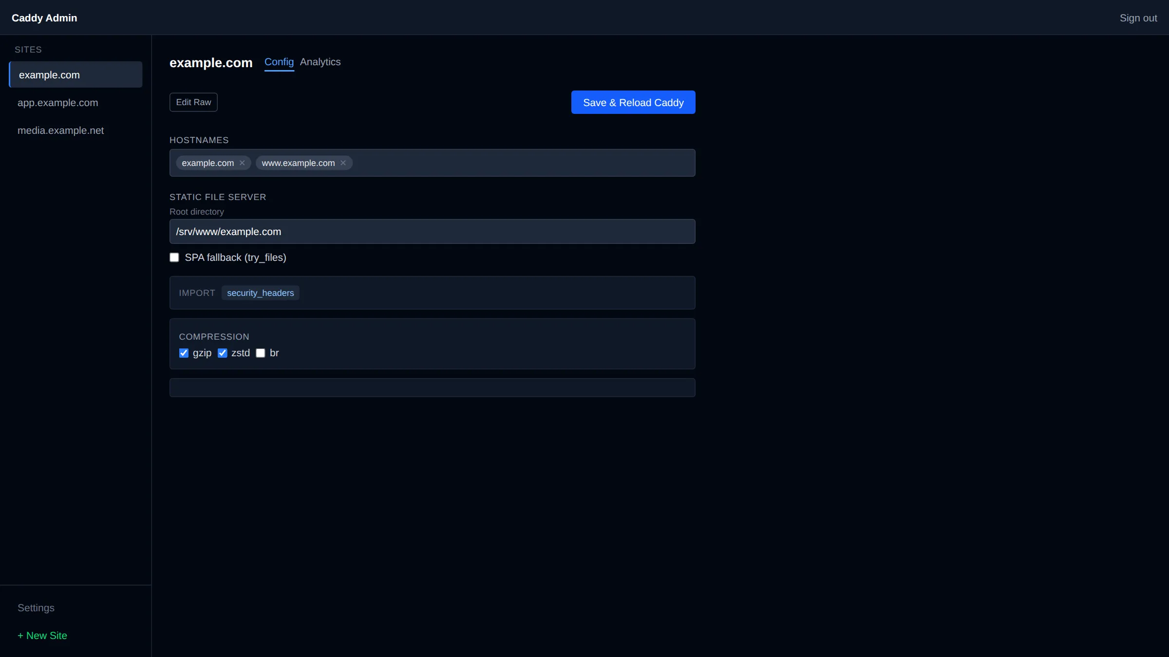 Structured Caddyfile editor showing hostnames, file server and compression directives