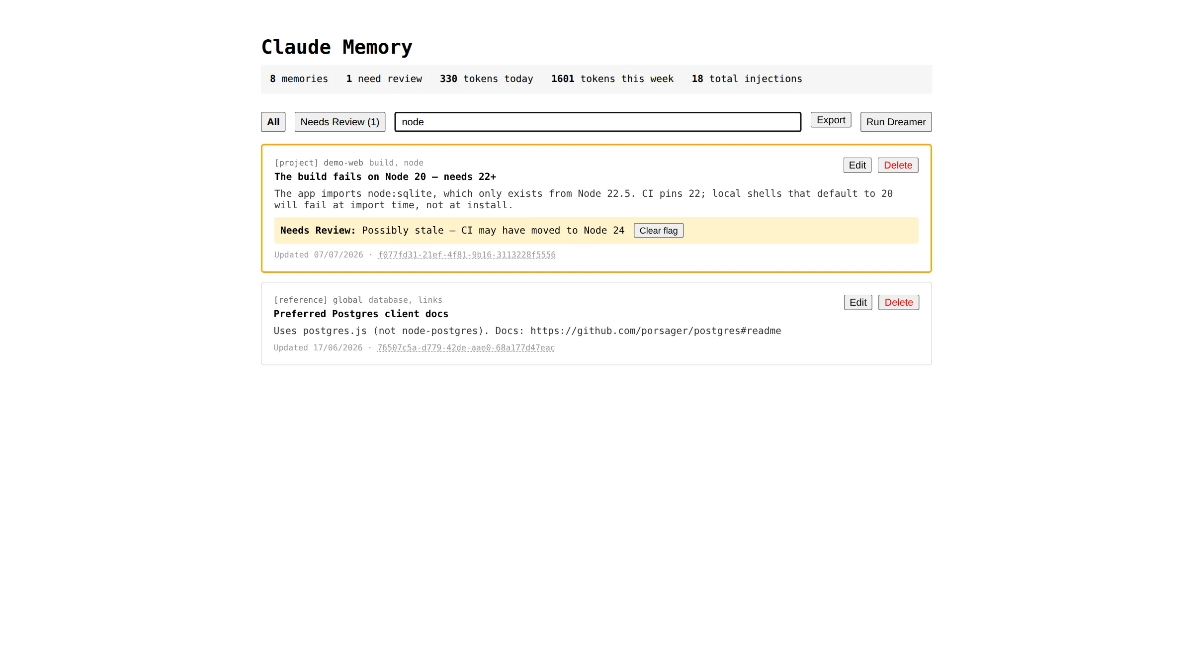 Full-text search filtering the memory list